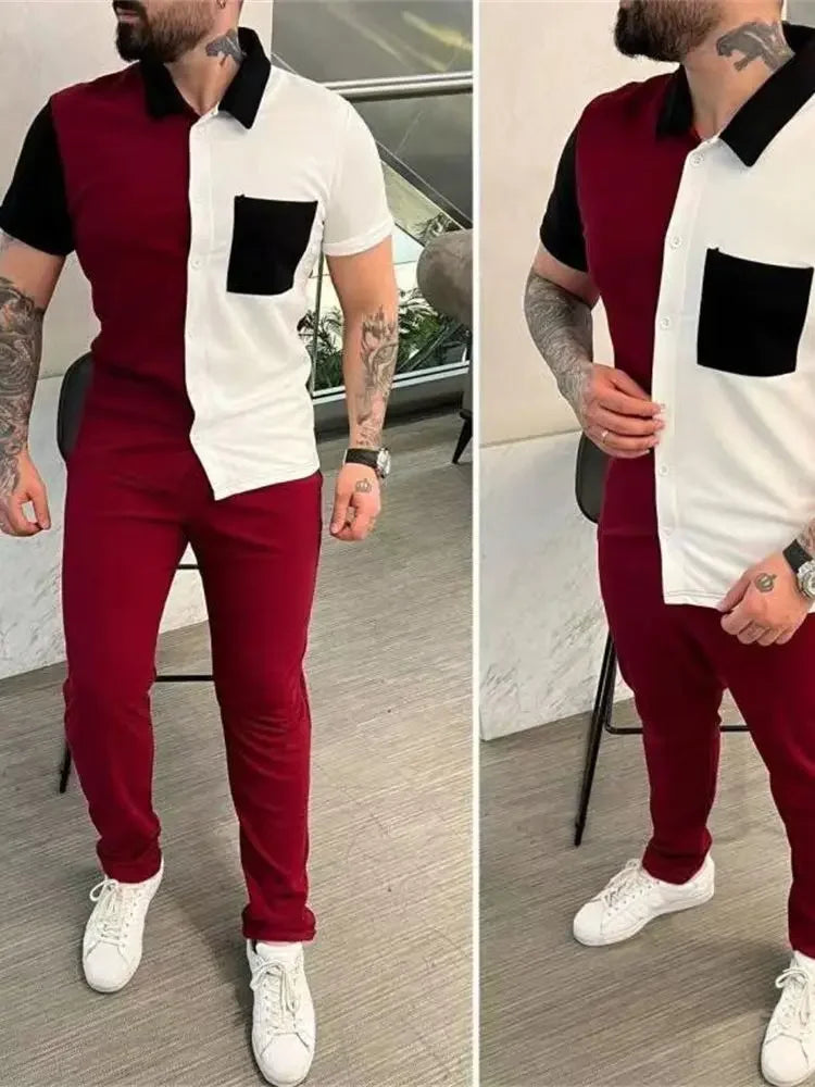 Men Pant Set Two Piece Sets Short Sleeve Turn Down Collar Single Breasted Shirt Tops Splice High Waist Long Pants 2024