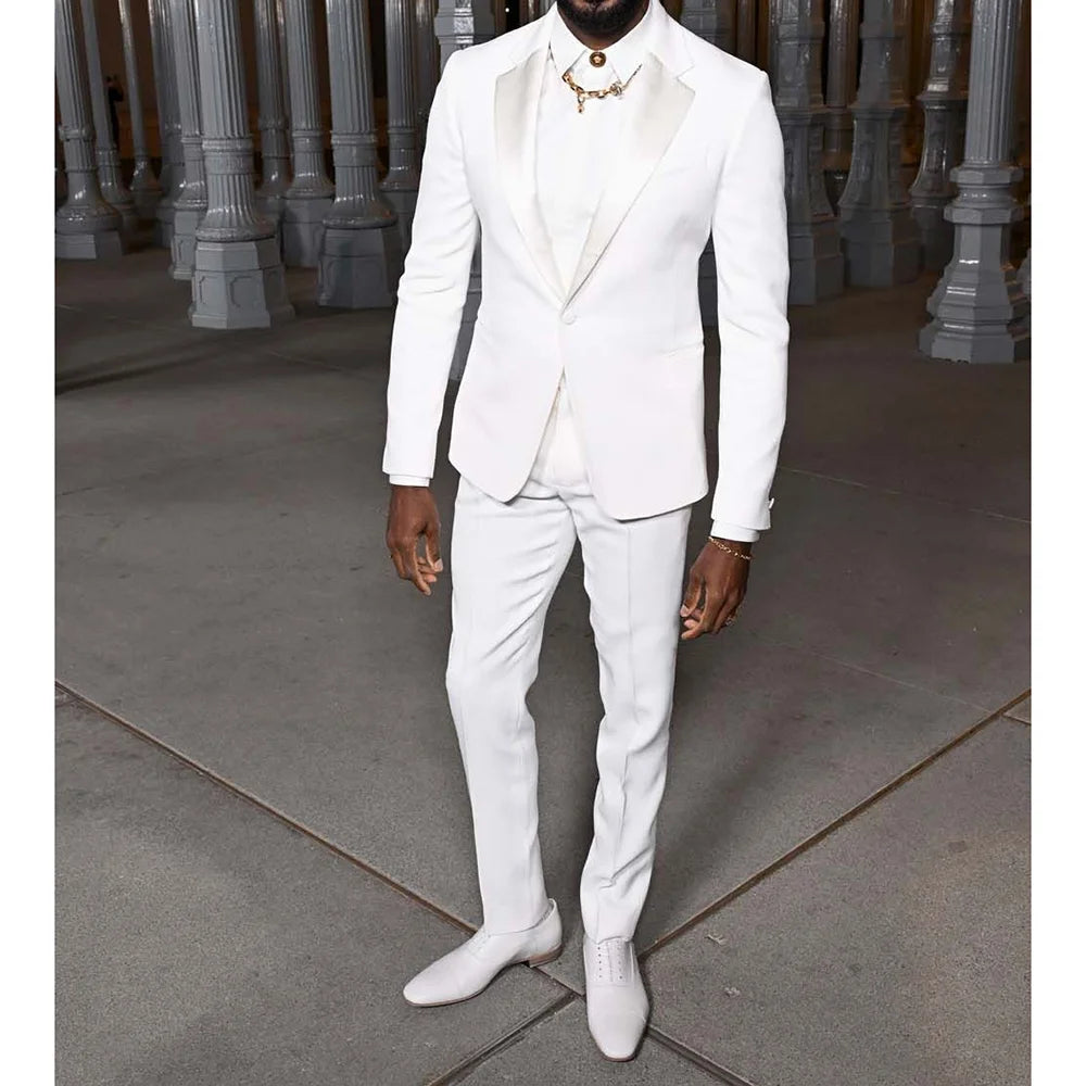 Elegant White Men Suit Wedding Groom Groomsman Tuxedo Slim Fit High-end Banquet Custom 2 Pieces Jacket Pants