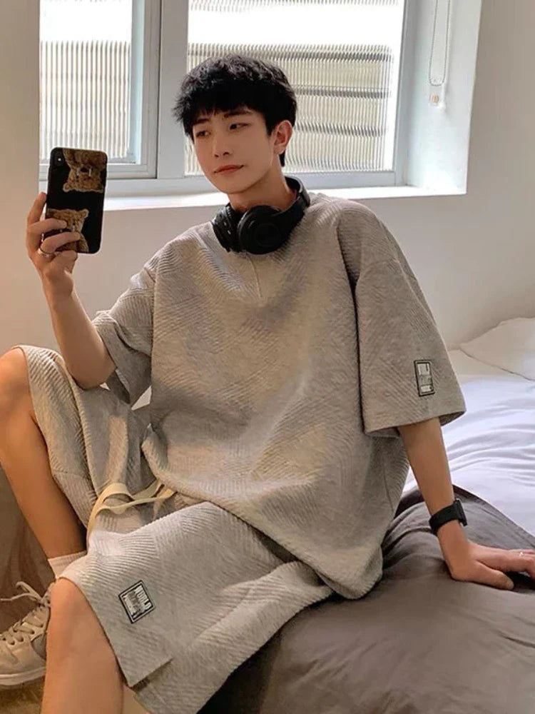 Gmiixder Summer Unisex Asual Suit Men's Hong Kong Style Short SleeveT-shirt Korean Streetwear Casual Preppy Shorts Two Piece Set