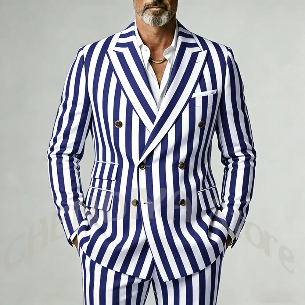 Casual Wide Striped Men's Suit Double Breasted Peaked Lapel Tailored Costume Homme Smart Business Office Daily Party Outfit