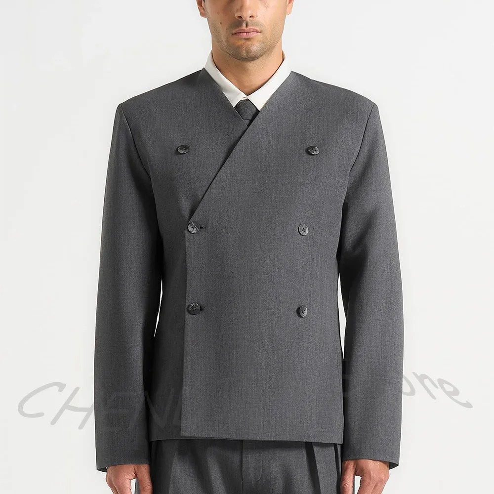 Classic Gray Suit For Men Double Breasted Elegant Outfit Set Two Piece Straight Business Casual Wedding Suit Jacket Pants