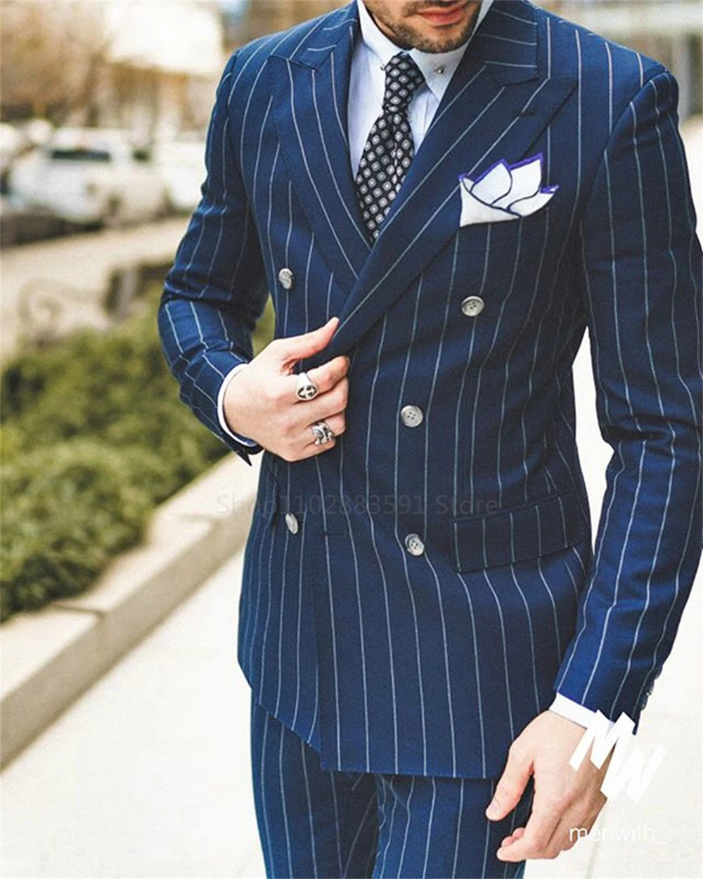 Classic Navy Blue Striped Men's Suits Slim Fit Business Blazer Double Breasted Wedding Groom Tuxedos 2 Piece Set Terno Masculino