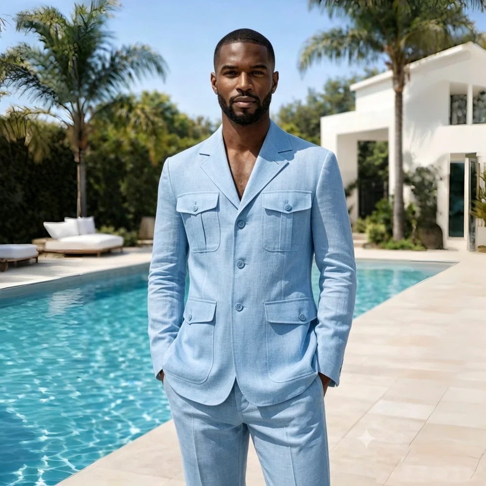 Linen Summer Safari Suits For Men 2 Pieces Separates Blazer Pants Set Casual Outfit For Beach Wedding Prom Party Man Suit