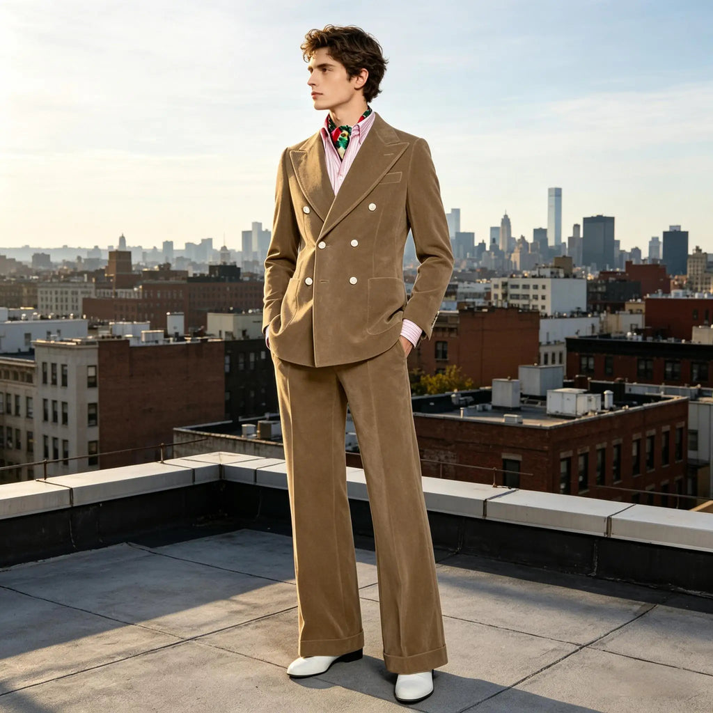 Men's Velvet Double Breasted 2 Piece Suit Set Slim Fit Peak Lapel Formal Straight Leg Pants Suit For Party Wedding Daily Wear