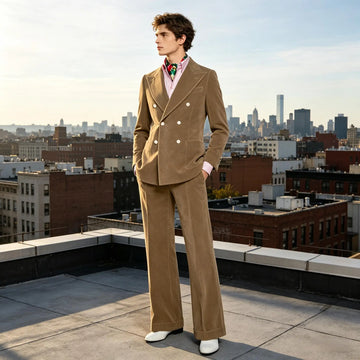 Men's Velvet Double Breasted 2 Piece Suit Set Slim Fit Peak Lapel Formal Straight Leg Pants Suit For Party Wedding Daily Wear