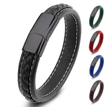 European and American Hot Selling Simple Style Woven Multicolor Wide Leather Rope Bracelet 316L Stainless Steel Men's Bracelet