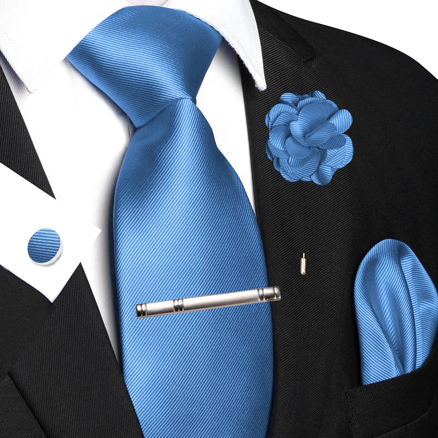 JEMYGINS Blue Solid Wedding Tie For Men Handky Cufflink Brooch Gift Mens Elegant Necktie Fashion Business Party Dropshiping