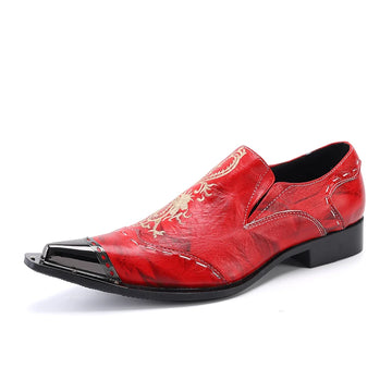 Plus Size Red Embroidered Men's Genuine Leather Shoes  Wedding Party Pointed Casual Business Shoes  Men's Formal Shoes