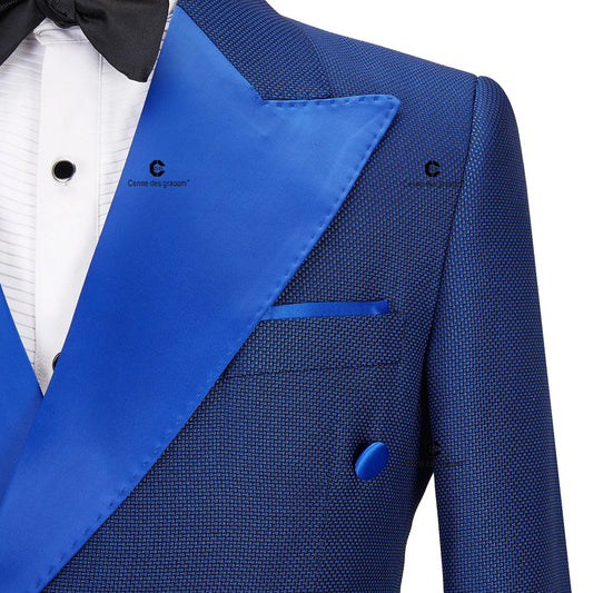 Cenne Des Graoom 2024 New Elegant Tuxedo Suits for Men Double Breasted Royal Blue Satin Collar Jacket Pants 2 Pcs Set Wedding