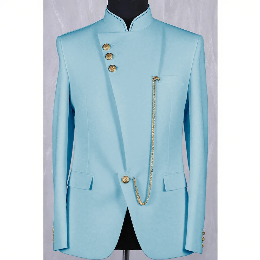 High Quality Blue Men Suit Casusl Blazer Single Breasted Stand Collar African Slim Fit Modern Style Outfits Jacket Pants