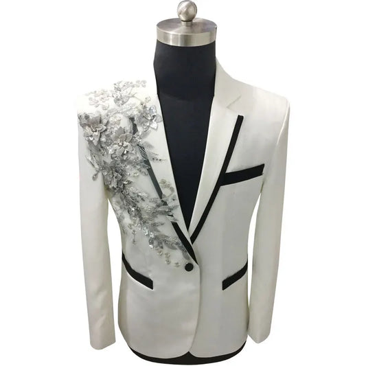 Bordado floral de lantejoulas floral Bordado de traje de terno masculino noivo de casamento Tuxedo terno blazers masculino um botão de pico de lapela fase homme