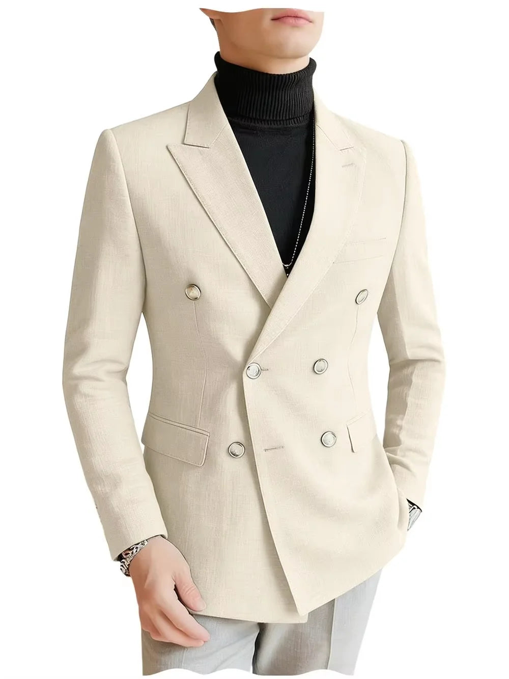 Men's Linen Blazer Double Breasted Peak Lapel Slim Fit Lightweight Breathable Cool Fashion Formal Jacket For Summer Business