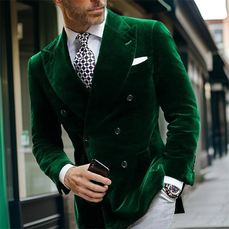 Velvet Double Breasted Blazer for Men Dinner Party Italian Style Smoking Prom Jacket Elegant Jacket for Wedding Party 2025