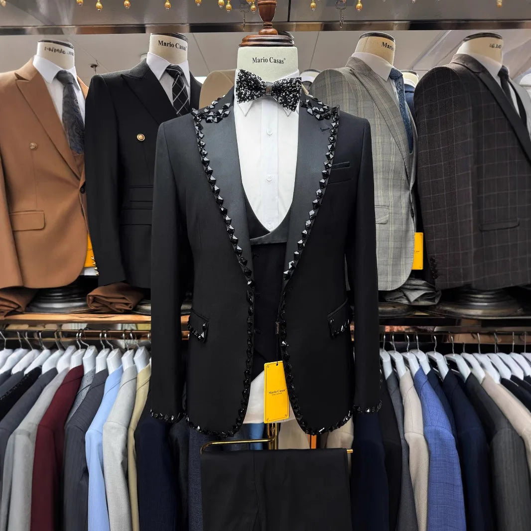 2025European and American Men's Formal Suit Set, Black Suit Wedding Suit, Handcrafted Suit 3-piece Set(Jacket+Vest+Pants)
