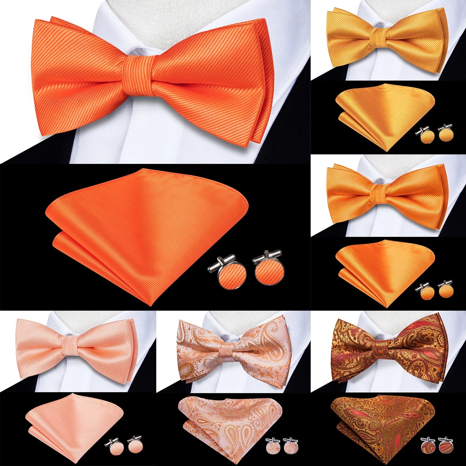 Calco di seta da uomo in seta Hi-tie HankerChef CuffLinks Set Orange Tangerine Tancerine Preparato a farfalla Bowtie per affari di matrimoni maschili