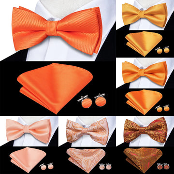 Calco di seta da uomo in seta Hi-tie HankerChef CuffLinks Set Orange Tangerine Tancerine Preparato a farfalla Bowtie per affari di matrimoni maschili