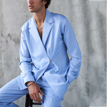 Sky Blue Men's Suit Loose Casual Notch Lapel Unique Design Single Button Daily Office Stylish Male Clothing(Blazer+Pants)
