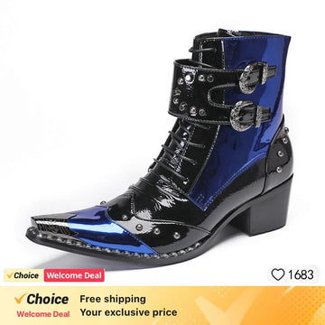 Black Blue Patchwork Patent Leather Men Short Boots Fashion Party Dress Boot Business Office Ankle Boot Plus Size Cowboy Boots