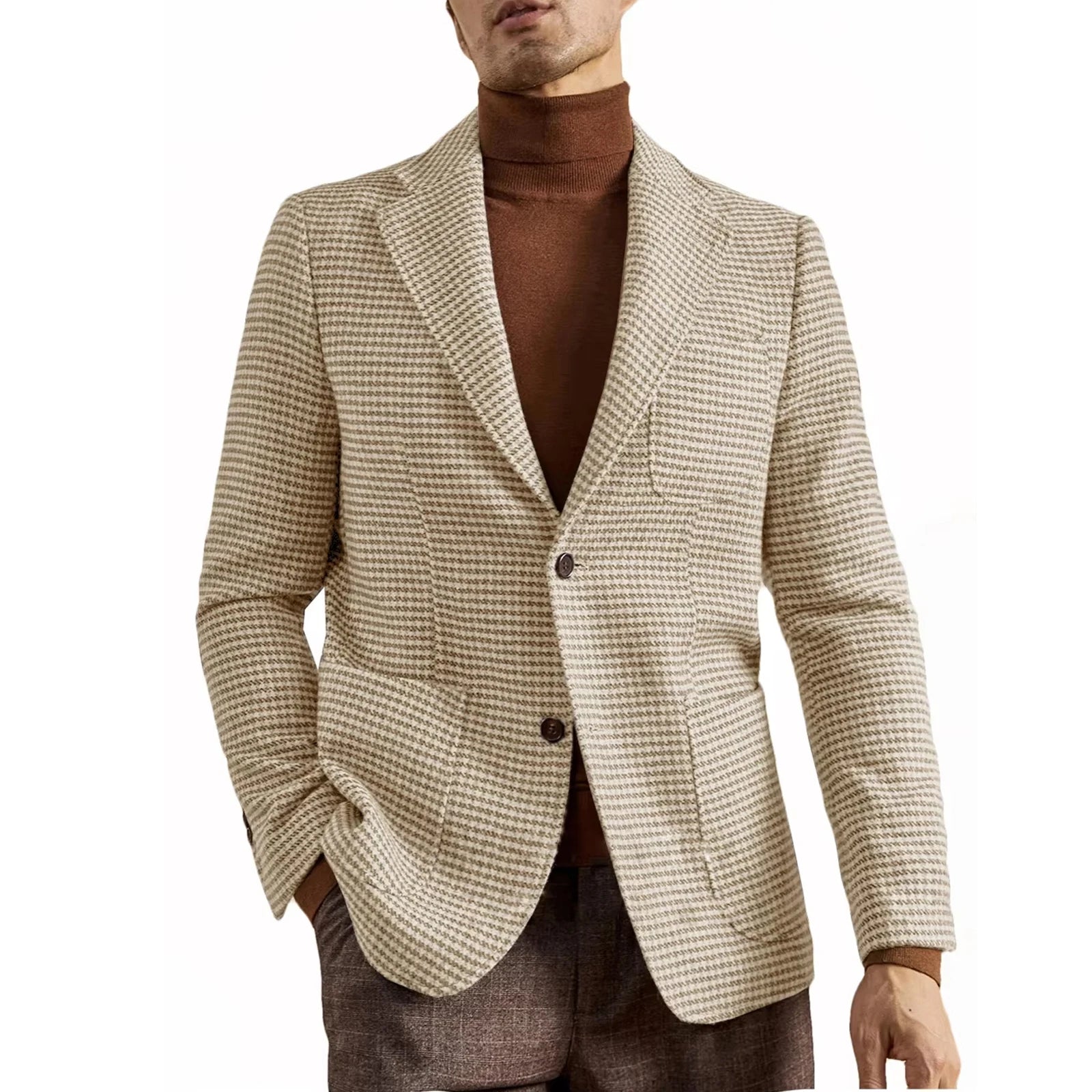 Men's Houndstooth Blazer Luxury Peak Lapel Slim Fit Wool Blend Suit Jacket For Classic Business Casual Fall Winter with Pockets