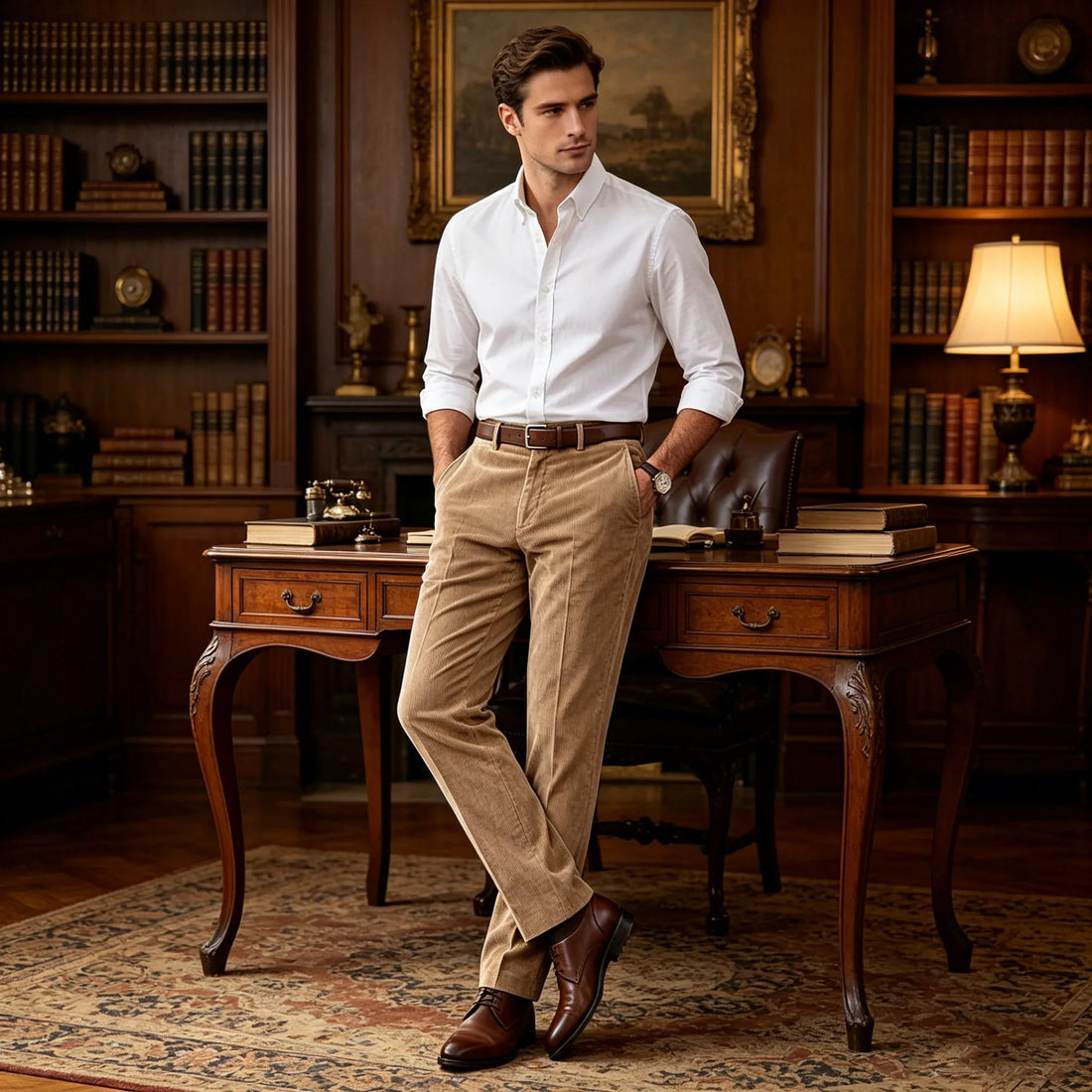 Men's Khaki Corduroy Pants Straight Leg Classic Fit Elastic Waist Comfort Wrinkle Resistant Formal Trousers For Business Office