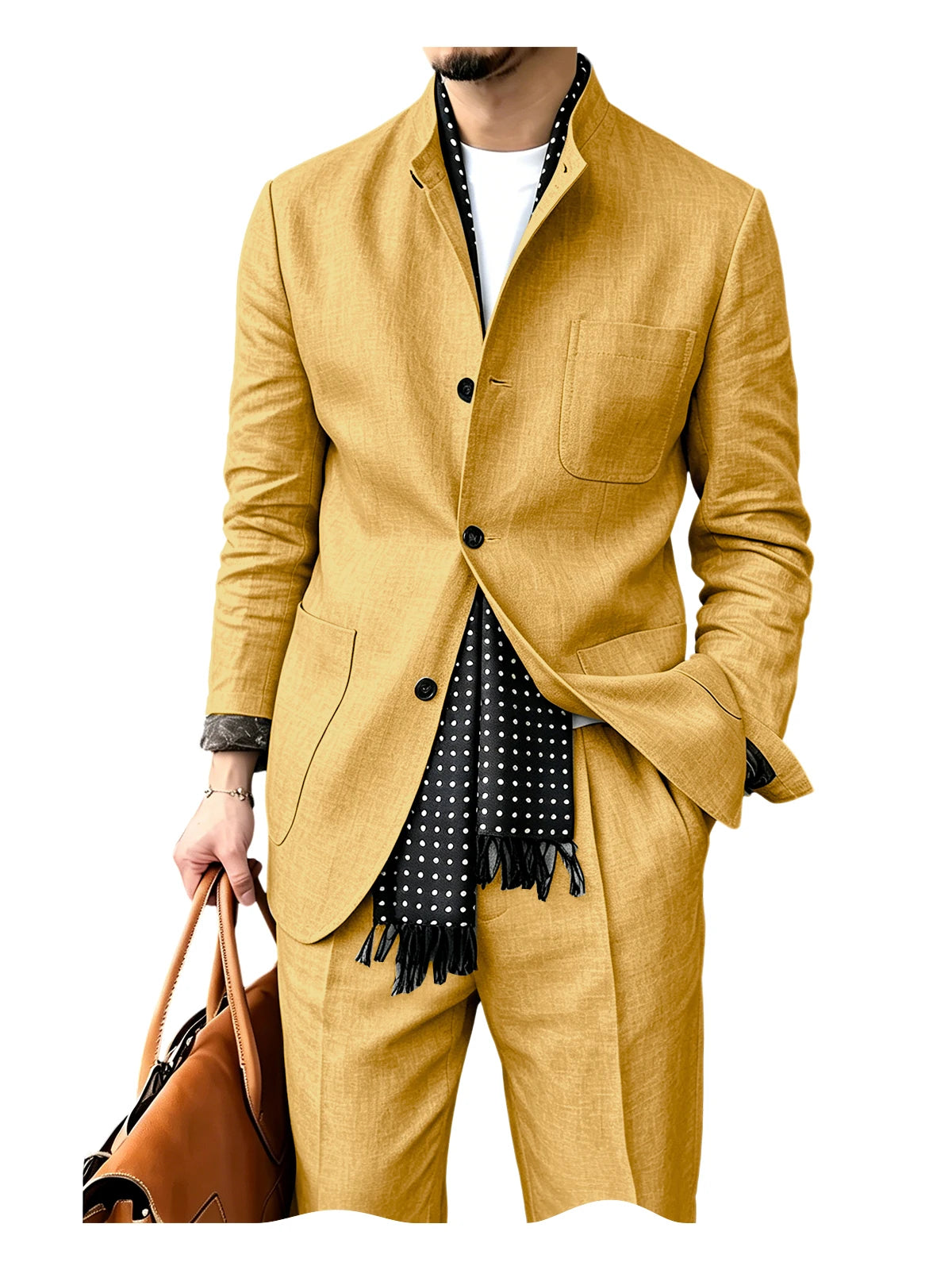 Men's Linen Blend 2 Piece Suit Set Stand Collar Three Button Breathable Casual Blazer Pants For Business Daily Wear Summer