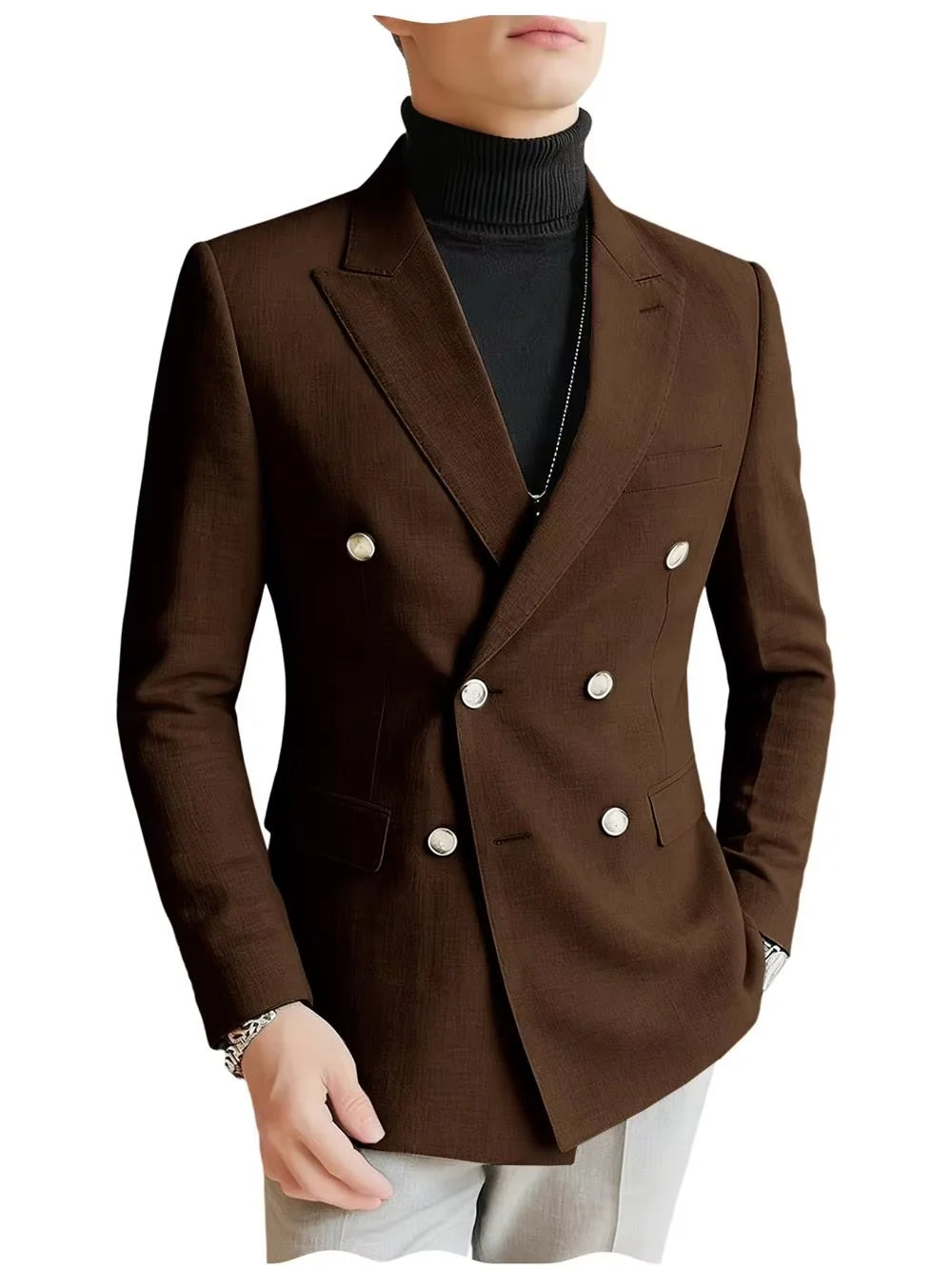Men's Linen Blazer Double Breasted Peak Lapel Slim Fit Lightweight Breathable Cool Fashion Formal Jacket For Summer Business