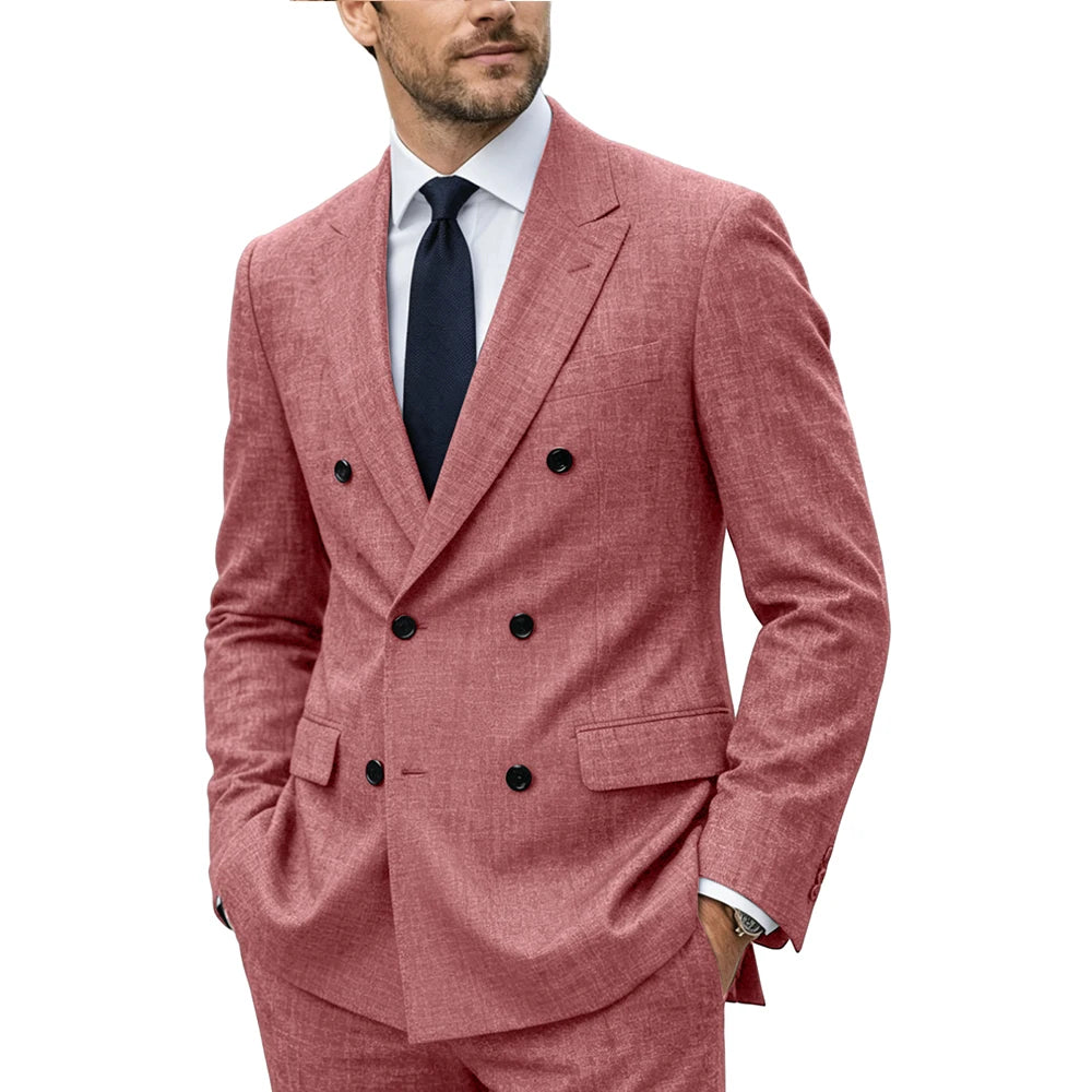 Men's Linen Suit Set  Double Breasted Slim Fit Peak Lapel Formal Blazer Pants Breathable Business Wedding Groom Tuxedo