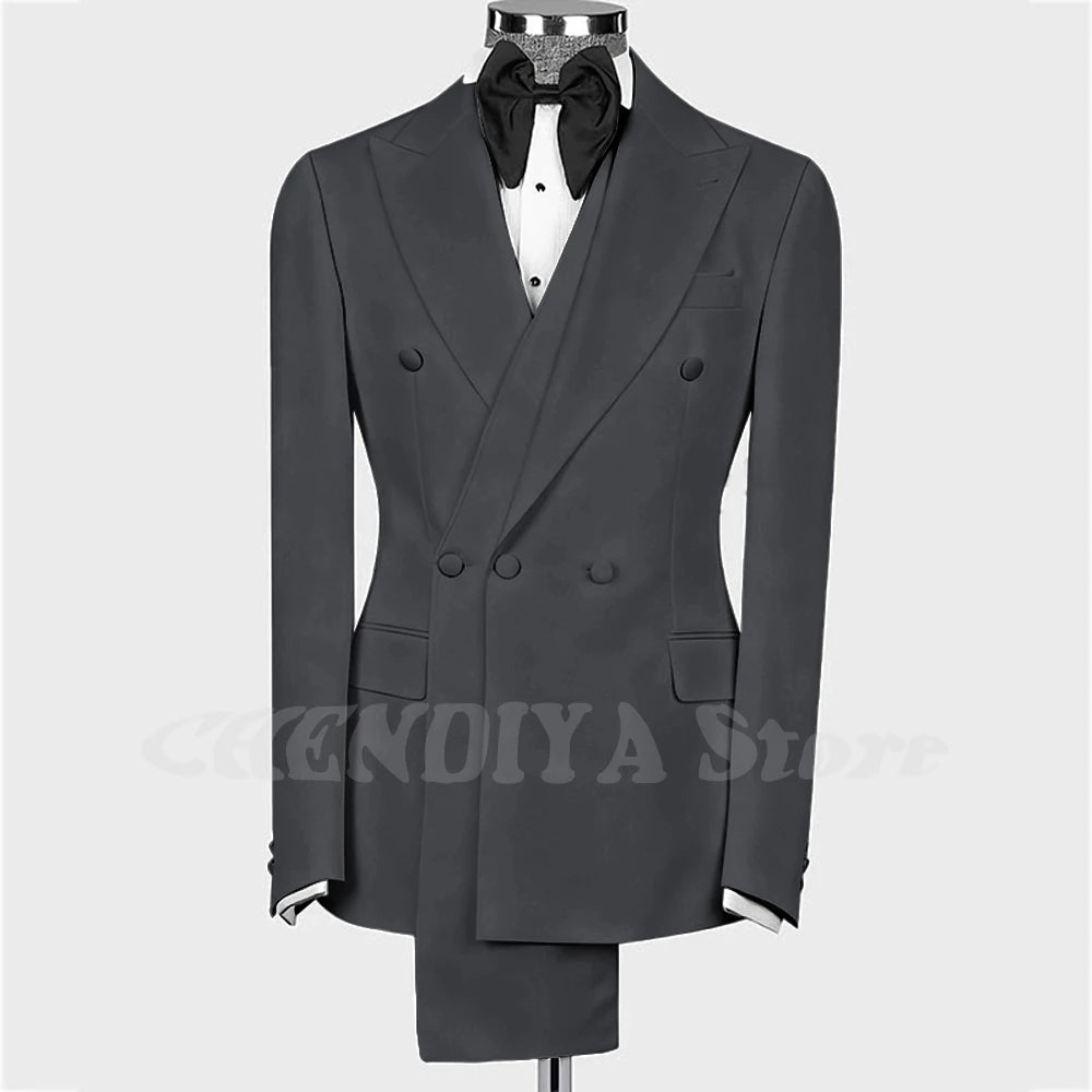 High Quality Man Suit Two Piece Peaked Lapel Slim Fit Jacket with Black Pants Formal Outfit Business Party Groom Wedding Set