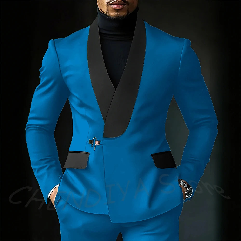 Contrast Color Men's Suit Set 2 Piece Elegant Shawl Lapel Slim Fit Formal Outfit Business Casual Jacket Pants Customized