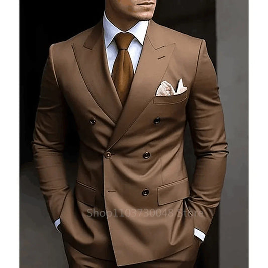 Formal Men 2 Piece Brown Wedding Suits Groom Tuxedo Slim Fit Peak Lapel Blazer Pants Business Suits Costume Homme For Party Prom