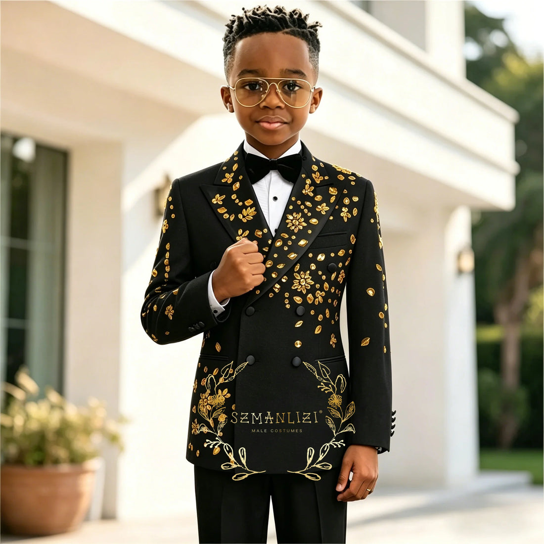 Luxury Suits For Boy Black Crystal Beaded Prom Blazers Customized 2 Pieces Double Breasted Kids Formal Party Wedding Tuxedos