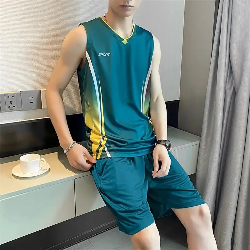 Sleeveless Man Sets Tracksuit Basketball Uniform Sweatshirts Sweatsuit Polyester Cool Stylish Kpop T-shirts Shorts Suits for Men