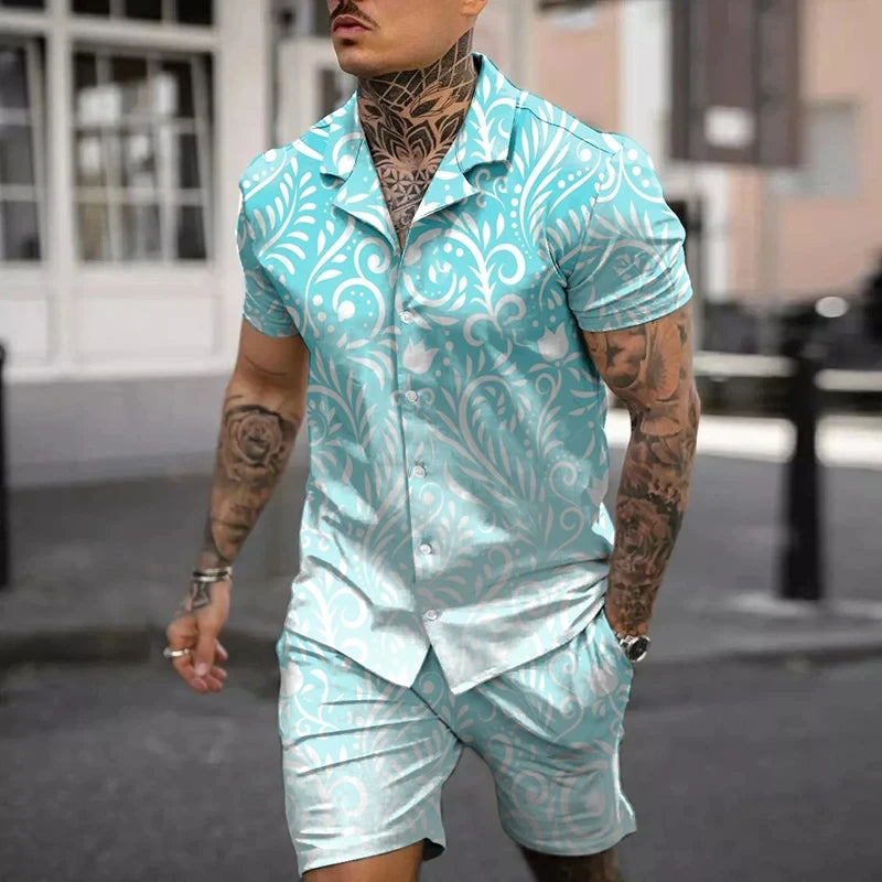 Fashion Men Sets Print Lapel 3D Print Short Sleeve Casual Hawaiian Shirt Beach Shorts 2 Pcs Set Vacation Hawaiian Man Suits