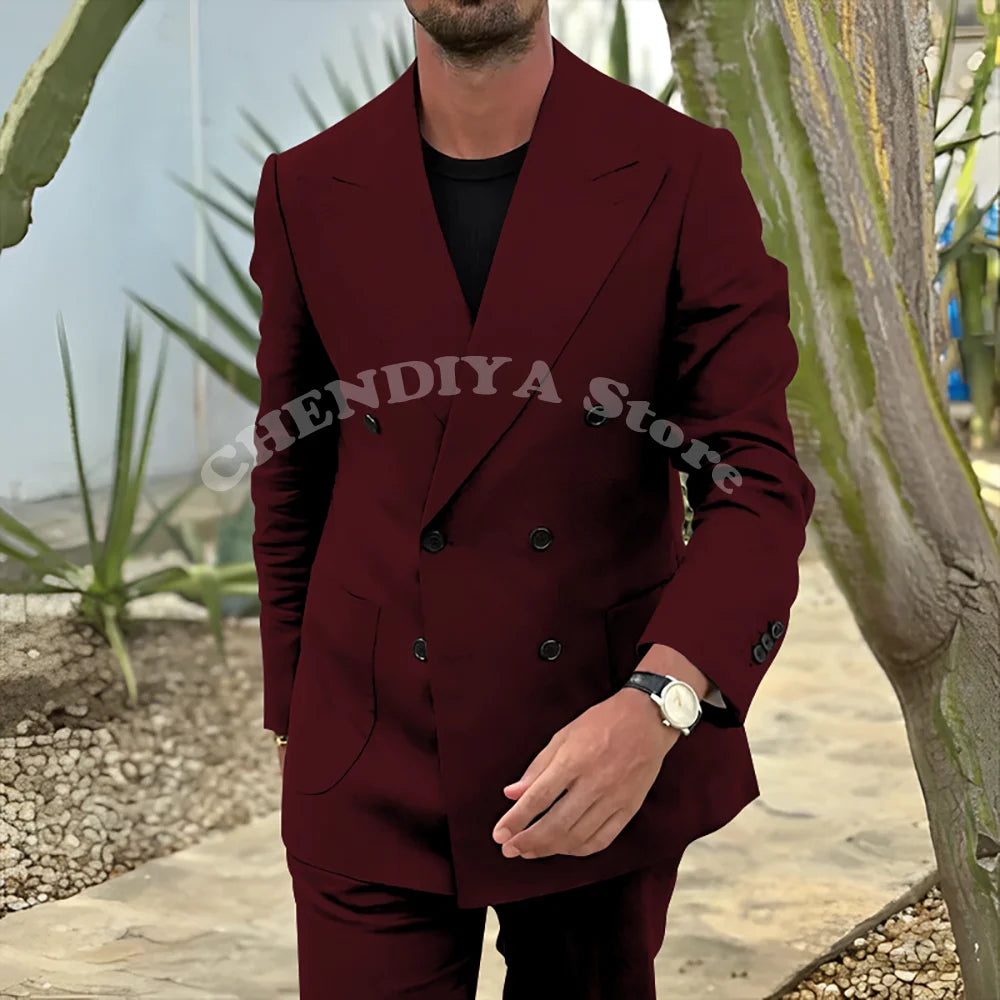Fashion Men's Suits Black Notch Lapel Double Breasted Classic Smart Casual 2 Piece Prom Party Wedding Tuxedo Slim Costume Homme