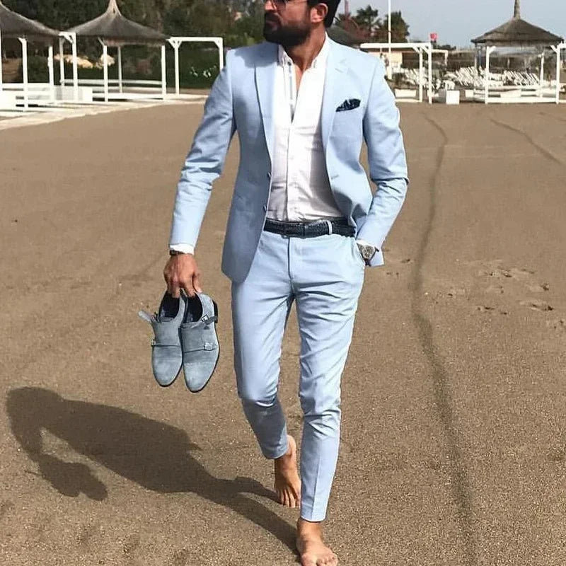 2 Piece2024 Custom Sky Blue Men's Suits Casual Summer Tuxedo Slim Fit Blazer Beach Wedding Jacket  Set Traje Formal Para Hombre