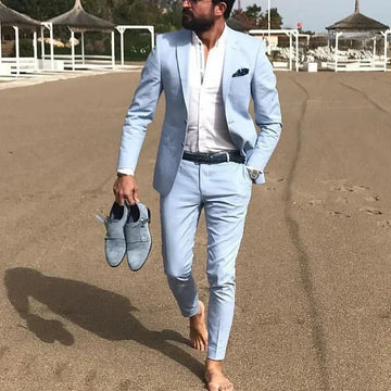2 Piece2024 Custom Sky Blue Men's Suits Casual Summer Tuxedo Slim Fit Blazer Beach Wedding Jacket  Set Traje Formal Para Hombre