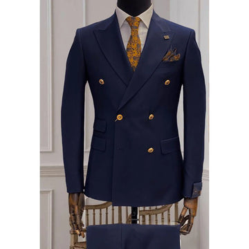 Formal Double Breasted Navy Blue Wedding Men's Suits High Quality Peak Lapel Groom Outfits Blazer Slim Fit 2 Piece Jacket Pants