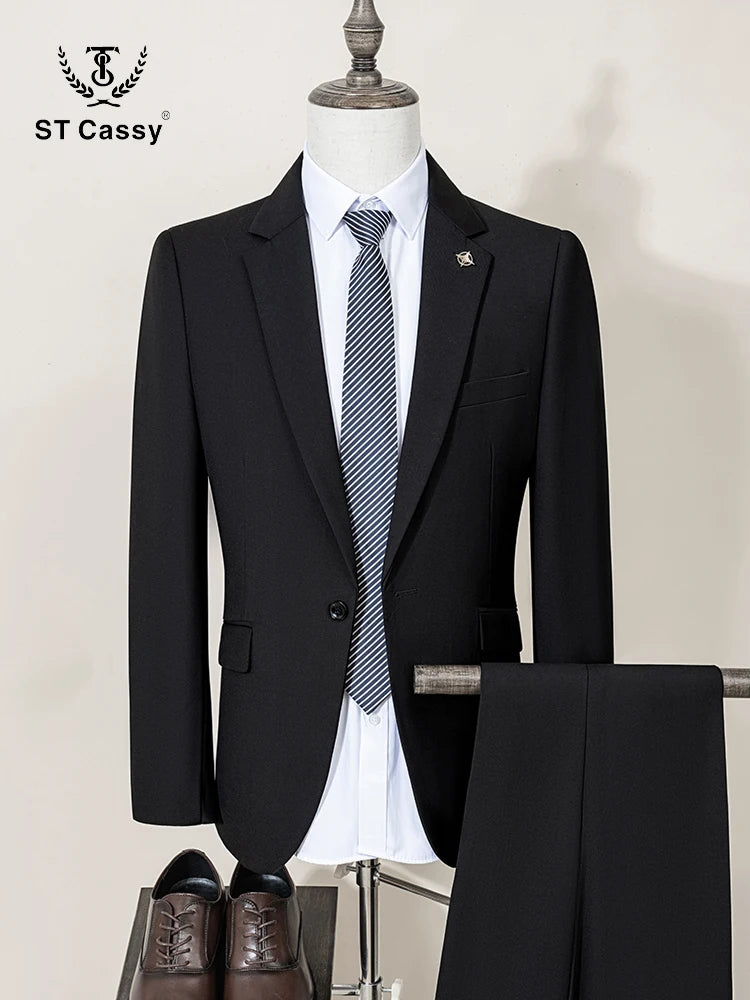 ST Cassy High Quality Men's Suit Slim Fit Solid Color Suit Formal Business Office Single Breasted Coat Pants 2 Pieces Set