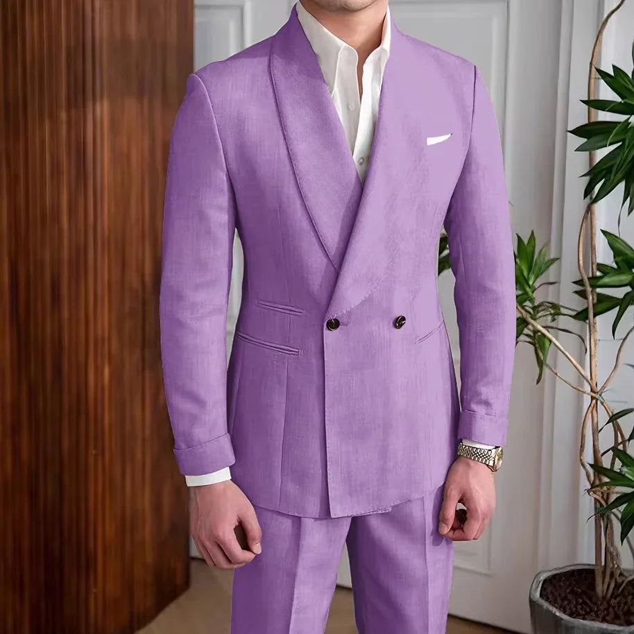 Men's Linen Suit 2-Piece Khaki Shawl Collar Double-Breasted Slim Fit Breathable Jacket and Pants Formal Set for Summer Business