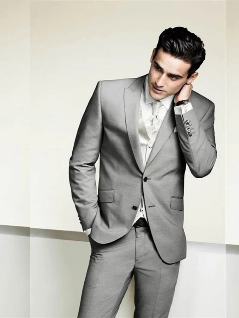2 PiecesNew Light Gray Men's Suit  Single Breasted Peak Lapel Jacket Slim Fit Casual Tuxedos For Wedding/Business (Blazer+Pants)