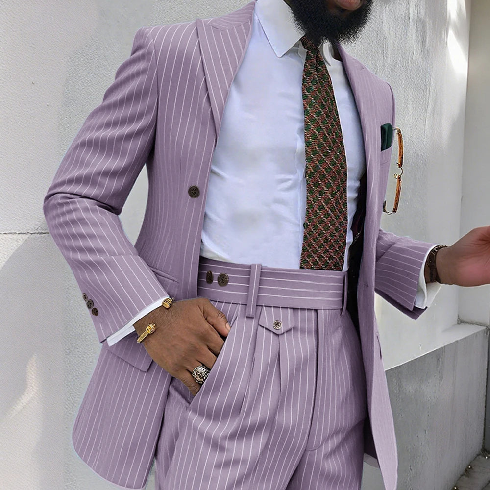 Brown Stripe Men Suits 2 Piece Chic Double Breasted Business Casual Outfits Fashion Peak Lapel Wedding Tuxedo (Jacket+Pants)