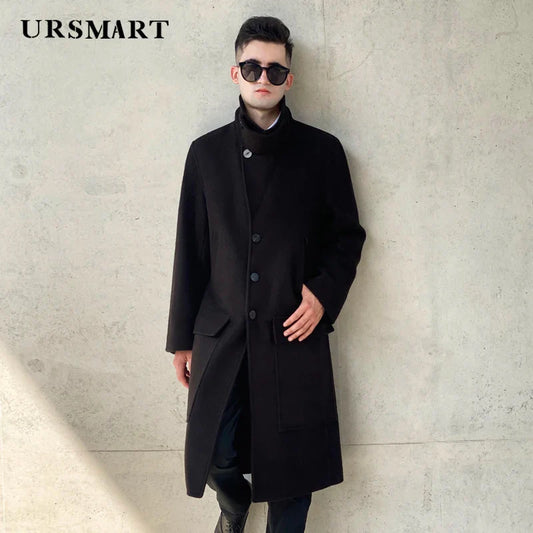 Long Wool Coat Men's Double breasted Autumn and Winter Thickened Liner Neck Protection Warm Fashion Blue Coat