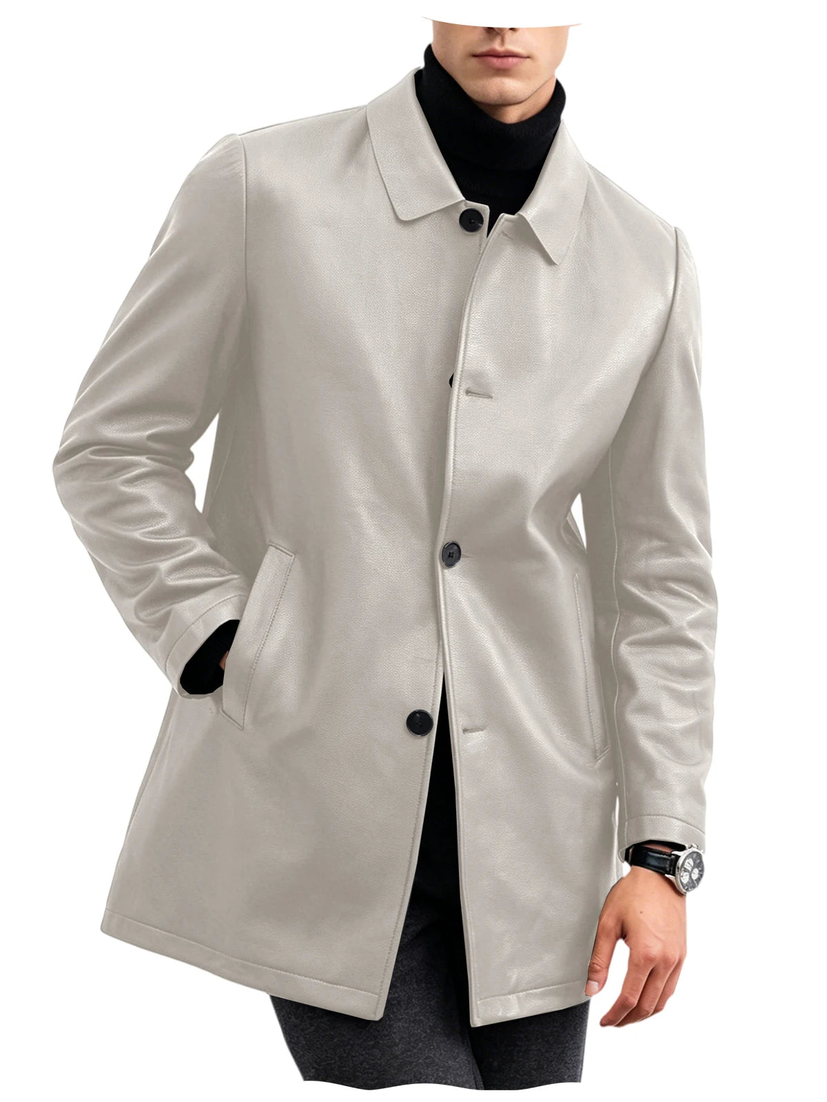 Men Premium Leather-Like Trench Coat Turn-Down Collar Single Breasted Mid-Length Overcoat Classic Slim Fit Business Casual Wear