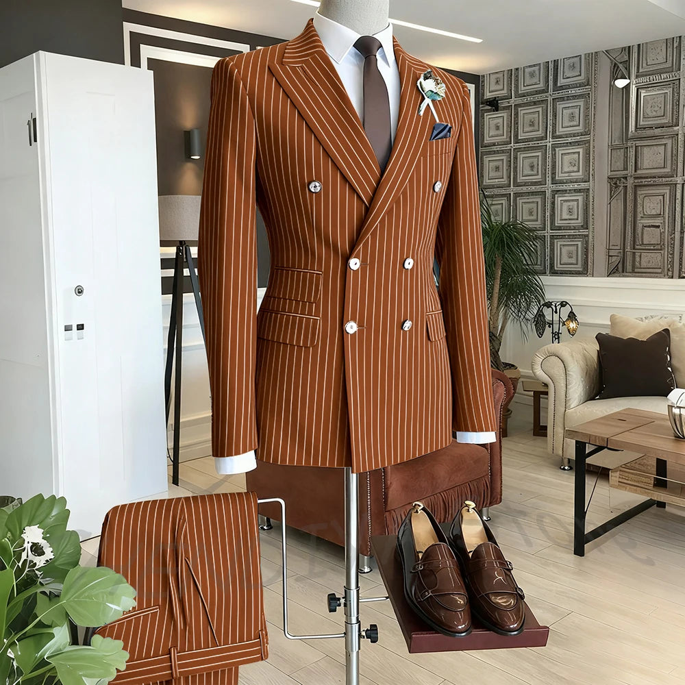 Brown Striped Men Suits Double Breasted Formal Outfits 2 Piece Male Clothing Business Casual Tailored Party Prom Jacket Pants