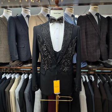 Luxury Beaded Suit Set for Men, Wedding Groom Best Man Blazer Vest Pants Set, XS-3XL Men's Formal 3-Pieces Suits