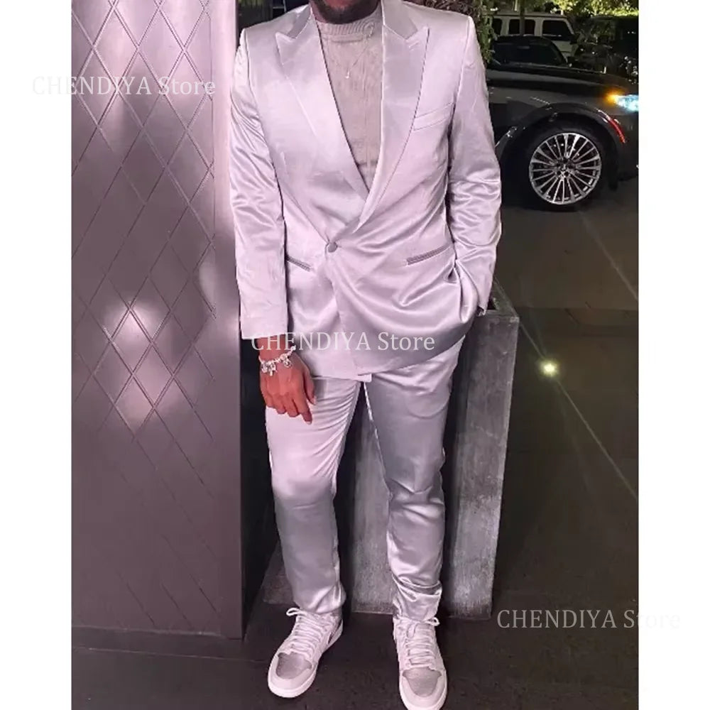 Silver Satin Men Suits 2 Piece Chic Peak Lapel Casual Daily Suit Single Button Formal Evening Party Tuxedo (Blazer+Pants)