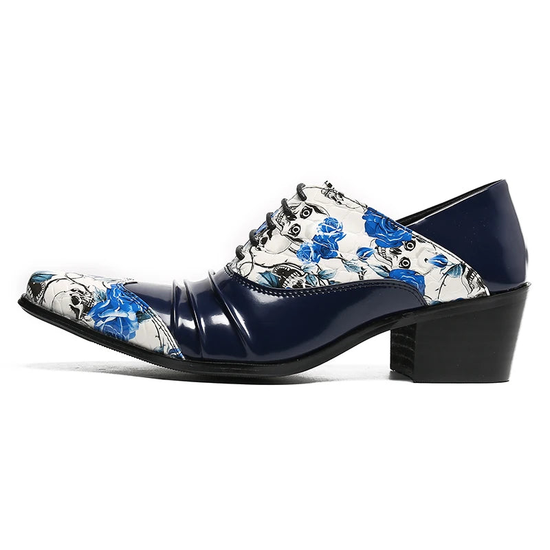 High Heels  Black Patent Leather Men's Shoes  Split Style Printed Leather Shoes  Men's Square Toe Lace Up Party Casual Shoes