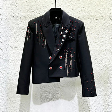 PFHQ Trend Men's Short Suit Jacket Personalized Beading Rhinestone Chain Decoration Fashion Double-breasted Male Blazer 21E7791