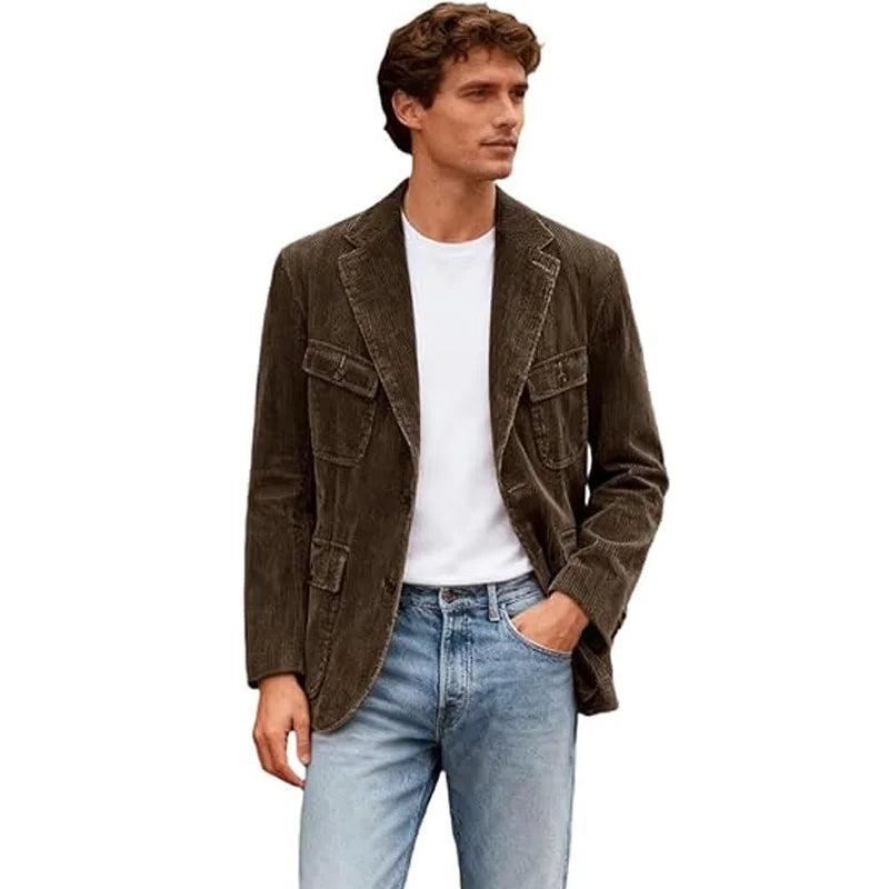 Vintage Men's Corduroy Casual Blazer Slim Fit Solid Color Black Brown Fashion Single Breasted Outerwear Customized Male's Jacket