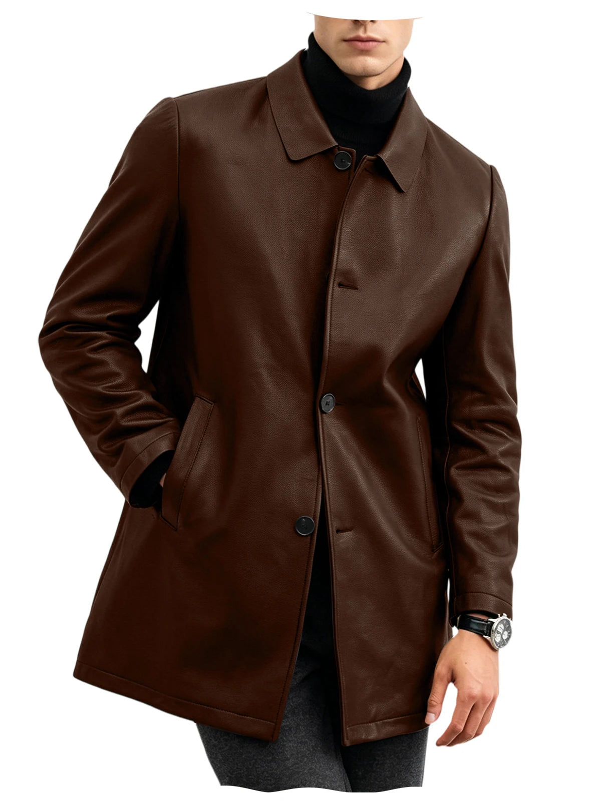 Men Premium Leather-Like Trench Coat Turn-Down Collar Single Breasted Mid-Length Overcoat Classic Slim Fit Business Casual Wear